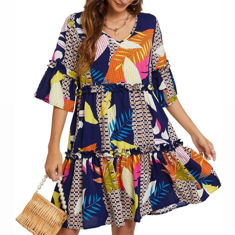 Funlingo Flowy Tunic Mini Short Sleeve V Neck Swing A-line Knee Length Dress
